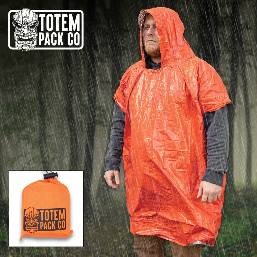 Full image of the orange Totem Pack Co. Camping Rain Poncho being worn by a person. image number 0